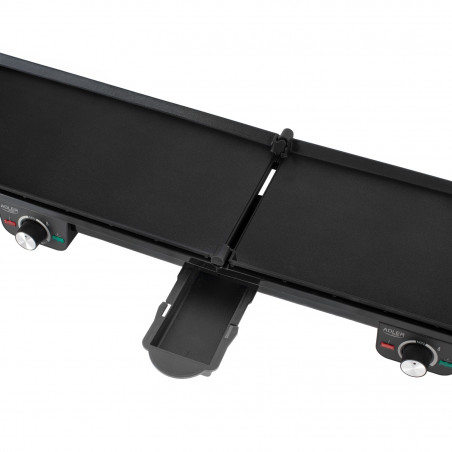 Grătar electric dublu pliabil Adler AD 6617, 3000 W, deschidere la 180°, 96 x 26 cm, plăci antiaderente, 2 termostate, tavă pentru grăsime, negru