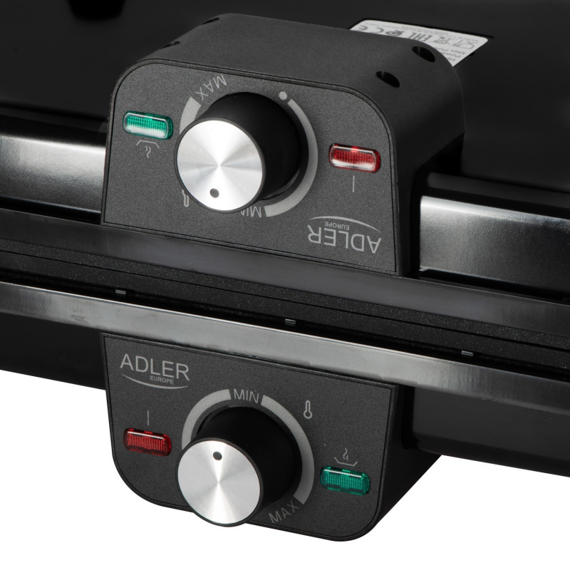 Grătar electric dublu pliabil Adler AD 6617, 3000 W, deschidere la 180°, 96 x 26 cm, plăci antiaderente, 2 termostate, tavă pentru grăsime, negru
