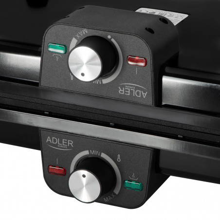 Grătar electric dublu pliabil Adler AD 6617, 3000 W, deschidere la 180°, 96 x 26 cm, plăci antiaderente, 2 termostate, tavă pentru grăsime, negru