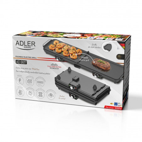 Grătar electric dublu pliabil Adler AD 6617, 3000 W, deschidere la 180°, 96 x 26 cm, plăci antiaderente, 2 termostate, tavă pentru grăsime, negru