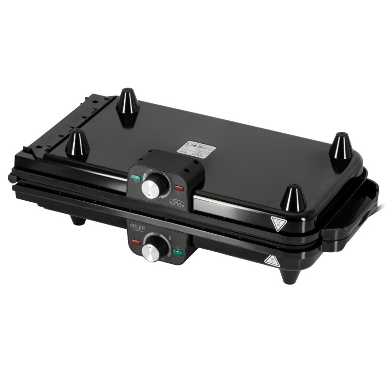 Grătar electric dublu pliabil Adler AD 6617, 3000 W, deschidere la 180°, 96 x 26 cm, plăci antiaderente, 2 termostate, tavă pentru grăsime, negru