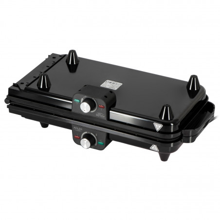 Grătar electric dublu pliabil Adler AD 6617, 3000 W, deschidere la 180°, 96 x 26 cm, plăci antiaderente, 2 termostate, tavă pentru grăsime, negru