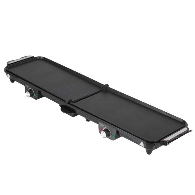 Grătar electric dublu pliabil Adler AD 6617, 3000 W, deschidere la 180°, 96 x 26 cm, plăci antiaderente, 2 termostate, tavă pentru grăsime, negru