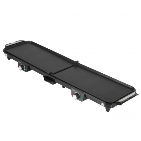 Grătar electric dublu pliabil Adler AD 6617, 3000 W, deschidere la 180°, 96 x 26 cm, plăci antiaderente, 2 termostate, tavă pentru grăsime, negru