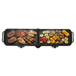 Grătar electric dublu pliabil Adler AD 6617, 3000 W, deschidere la 180°, 96 x 26 cm, plăci antiaderente, 2 termostate, tavă pentru grăsime, negru