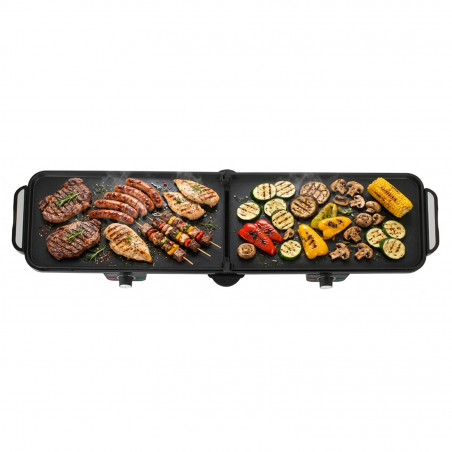 Grătar electric dublu pliabil Adler AD 6617, 3000 W, deschidere la 180°, 96 x 26 cm, plăci antiaderente, 2 termostate, tavă pentru grăsime, negru