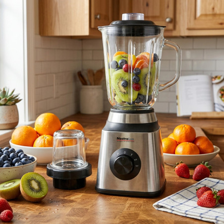 Blender 2 în 1 NostroLux NL51162C, 1000 W, 1,5 l, 3 viteze + funcție puls, Protecție, 6 lame, Accesoriu-râșniță, Inox/negru
