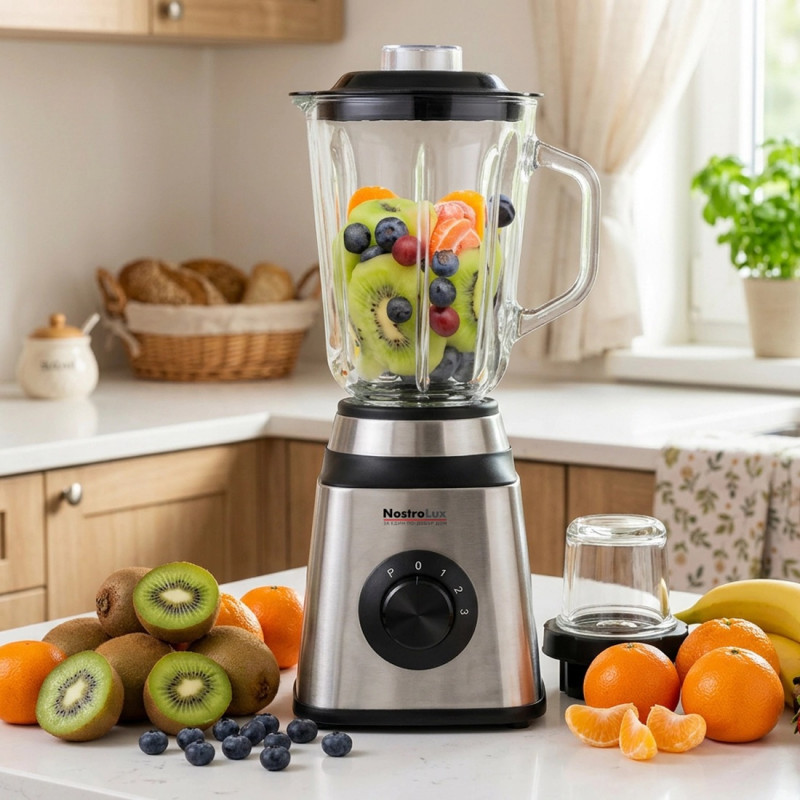 Blender 2 în 1 NostroLux NL51162C, 1000 W, 1,5 l, 3 viteze + funcție puls, Protecție, 6 lame, Accesoriu-râșniță, Inox/negru