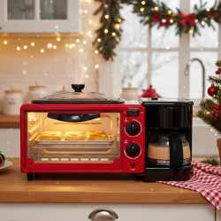 Aparat combinat pentru micul dejun 3 în 1 NostroLux NL51441G, 1050 W, 9 l, grătar, preparare cafea, temporizator, circulație a aerului, roșu/negru