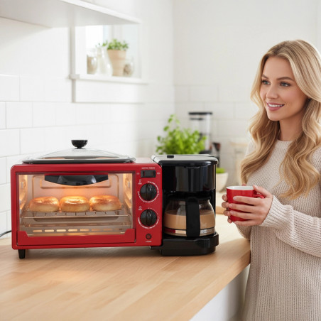 Aparat combinat pentru micul dejun 3 în 1 NostroLux NL51441G, 1050 W, 9 l, grătar, preparare cafea, temporizator, circulație a aerului, roșu/negru