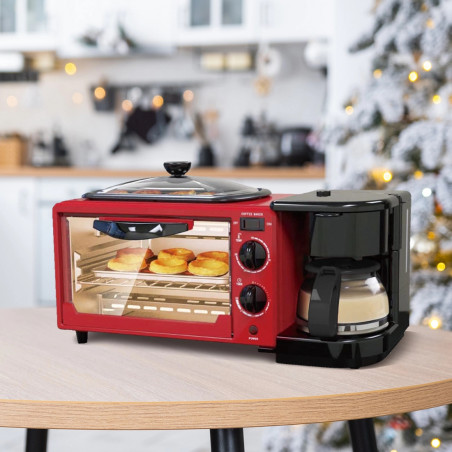 Aparat combinat pentru micul dejun 3 în 1 NostroLux NL51441G, 1050 W, 9 l, grătar, preparare cafea, temporizator, circulație a aerului, roșu/negru
