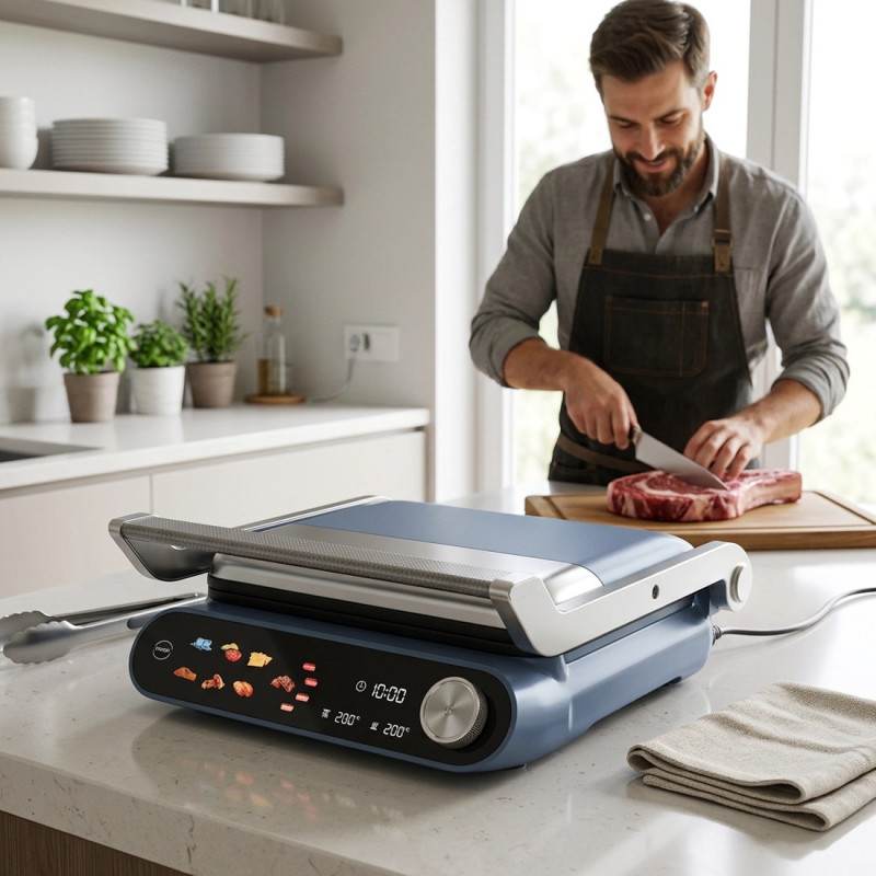 Grătar electric Nostro Lux NL51442P, 2200 W, ecran tactil, plăci mobile antiaderente, deschidere la 180°, albastru