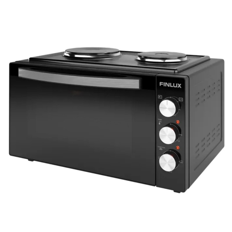 Aragaz mic Finlux FMC-4545BS, 1600 W, 45 l, 2 ochiuri, geam dublu, iluminare, interior emailat, negru