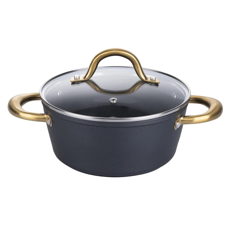 Oală Galileo Premium SChef 5916675, 20 cm, 1,8 l, Margine întărită, Acoperire antiaderentă PPG, Fără PFOA și nichel, Compatibilă cu plitele cu inducție, Negru/auriu