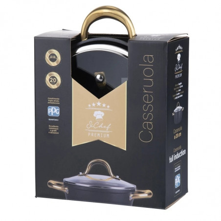 Oală Galileo Premium SChef 5916675, 20 cm, 1,8 l, Margine întărită, Acoperire antiaderentă PPG, Fără PFOA și nichel, Compatibilă cu plitele cu inducție, Negru/auriu