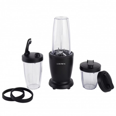 Blender Crown CTB-1000, 300 W, 4 lame, 3 pahare cu capace – 300/480/540 ml, funcție Pulse, negru
