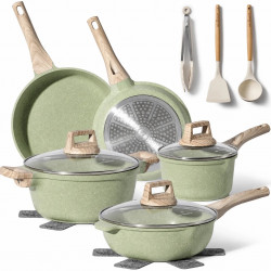 Set de oale Just Perfecto JL-33SET, 13 piese, Aluminiu, Acoperire marmura, Capac sticla, Fara PTFE si PFOA, Inductie, Verde