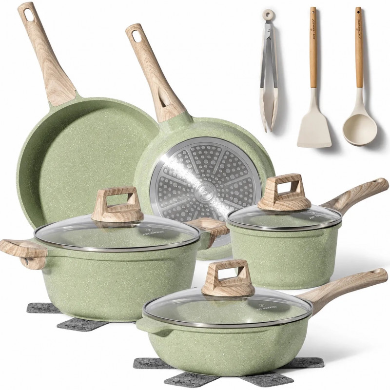 Set de oale Just Perfecto JL-33SET, 13 piese, Aluminiu, Acoperire marmura, Capac sticla, Fara PTFE si PFOA, Inductie, Verde