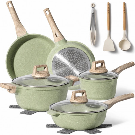 Set de oale Just Perfecto JL-33SET, 13 piese, Aluminiu, Acoperire marmura, Capac sticla, Fara PTFE si PFOA, Inductie, Verde
