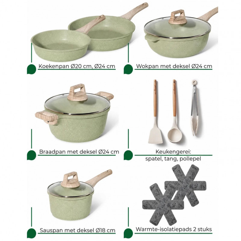 Set de oale Just Perfecto JL-33SET, 13 piese, Aluminiu, Acoperire marmura, Capac sticla, Fara PTFE si PFOA, Inductie, Verde