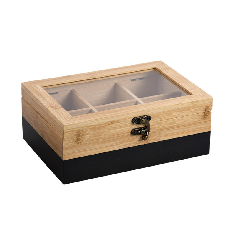 Cutie pentru depozitarea pliculetelor de ceai Kesper 58940, 6 compartimente, 21,6 x 15 x 8,5 cm, Bambus, Maro/Negru