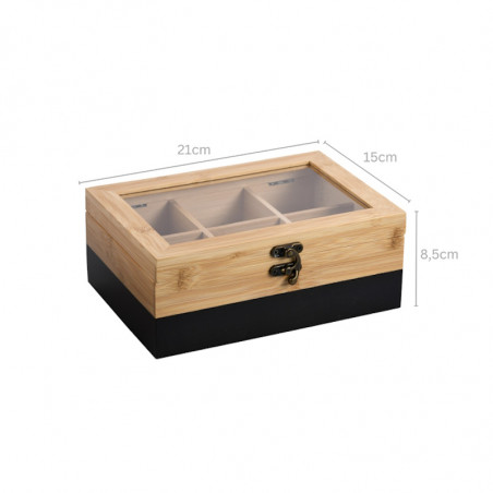 Cutie pentru depozitarea pliculetelor de ceai Kesper 58940, 6 compartimente, 21,6 x 15 x 8,5 cm, Bambus, Maro/Negru