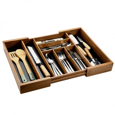 Organizator din bambus pentru tacâmuri Kesper 59085, extensibil 35-58 cm, 6+2 compartimente, maro închis