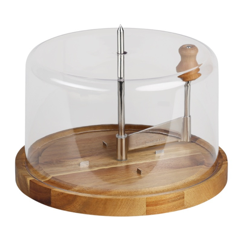 Platou pentru taierea si servirea branzei Kesper 28621, 21 cm, capac, baza rotativa din lemn, cutit din otel, design elegant, maro