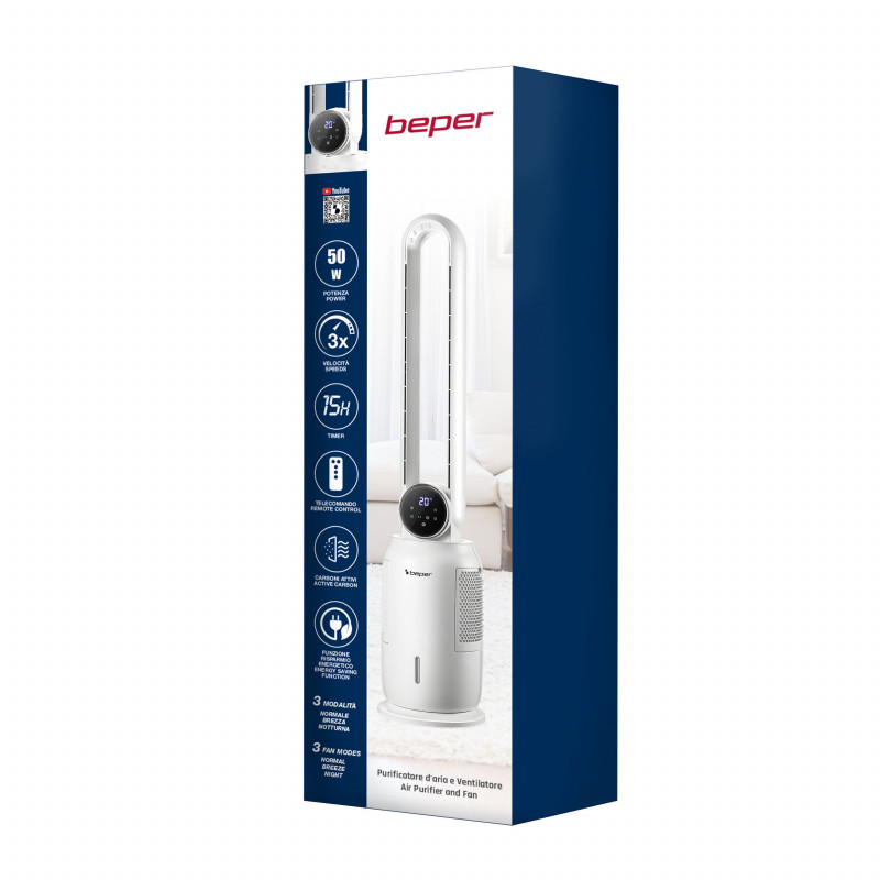 La mâna a doua: Racitor de aer tip coloana Beper P206RAF300, 65 W, 3 viteze, 2 L, Ionizare, LED, Afisaj tactil, Alb
