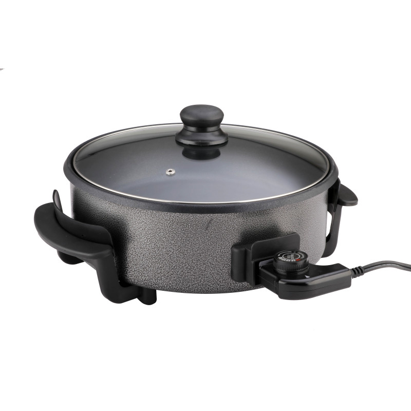 La mâna a doua: Tigaie electrica pentru pizza Rosberg R51010B, 1500W, 32 cm, Termostat, Acoperire antiaderenta, Gri