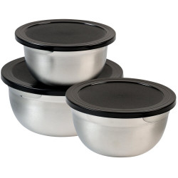 Set de 3 boluri din inox cu capac Kesper 90898, 700/1,1/1,5 l, scala de masurare, margine larga, fund antiderapant, inox