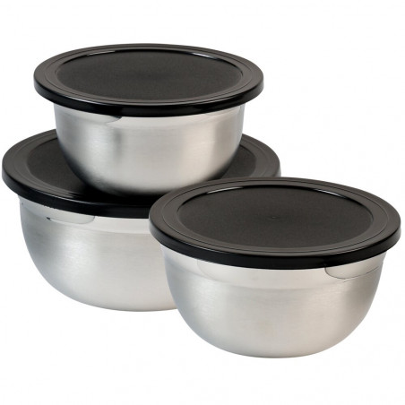 Set de 3 boluri din inox cu capac Kesper 90898, 700/1,1/1,5 l, scala de masurare, margine larga, fund antiderapant, inox