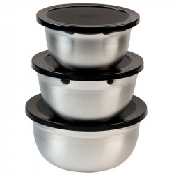 Set de 3 boluri din inox cu capac Kesper 90898, 700/1,1/1,5 l, scala de masurare, margine larga, fund antiderapant, inox