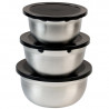 Set de 3 boluri din inox cu capac Kesper 90898, 700/1,1/1,5 l, scala de masurare, margine larga, fund antiderapant, inox
