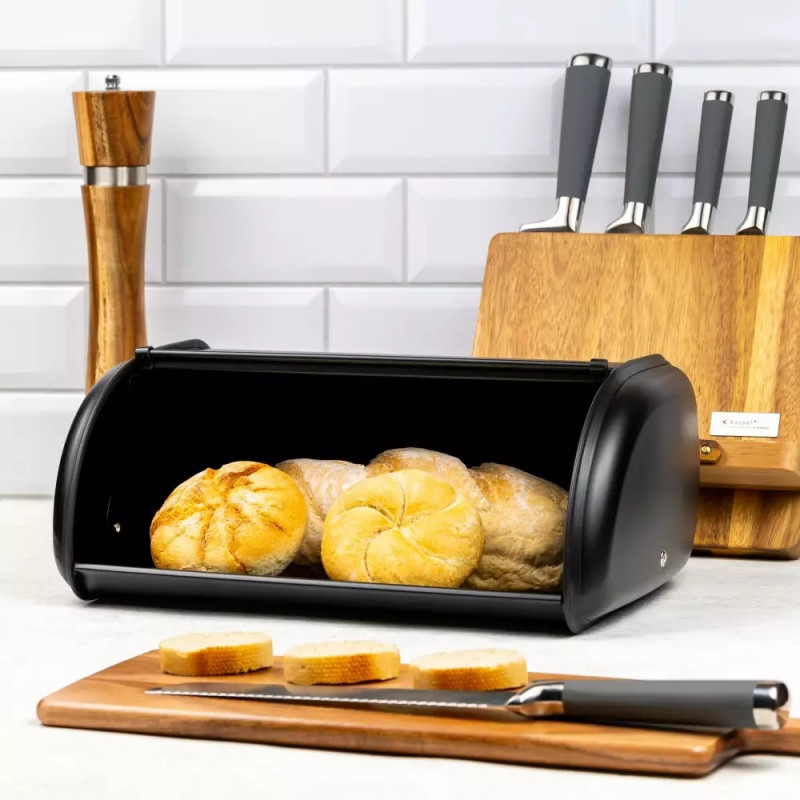 La mâna a doua: Cutie pentru paine Kinghoff KH 1723, 36 cm, Stabila si durabila, Inox, Negru