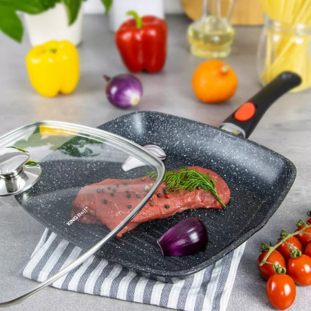La mâna a doua: Tigaie grill cu capac si maner detasabil Kinghoff KH 1511, 28 cm, Acoperire Marmura, Inductie, Negru