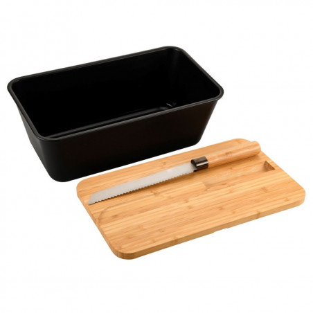 Cutie pentru paine cu taietor si cutit 3-in-1 Kesper 58481, bambus, negru
