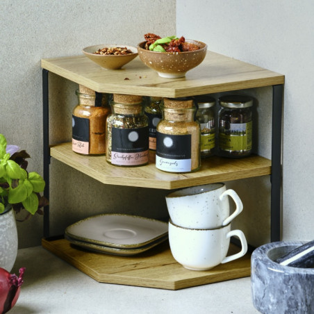 Raft de colt Kesper 27833, MDF, 3 niveluri, 28 x 26 cm, pana la 10 kg, negru/imitatie de lemn