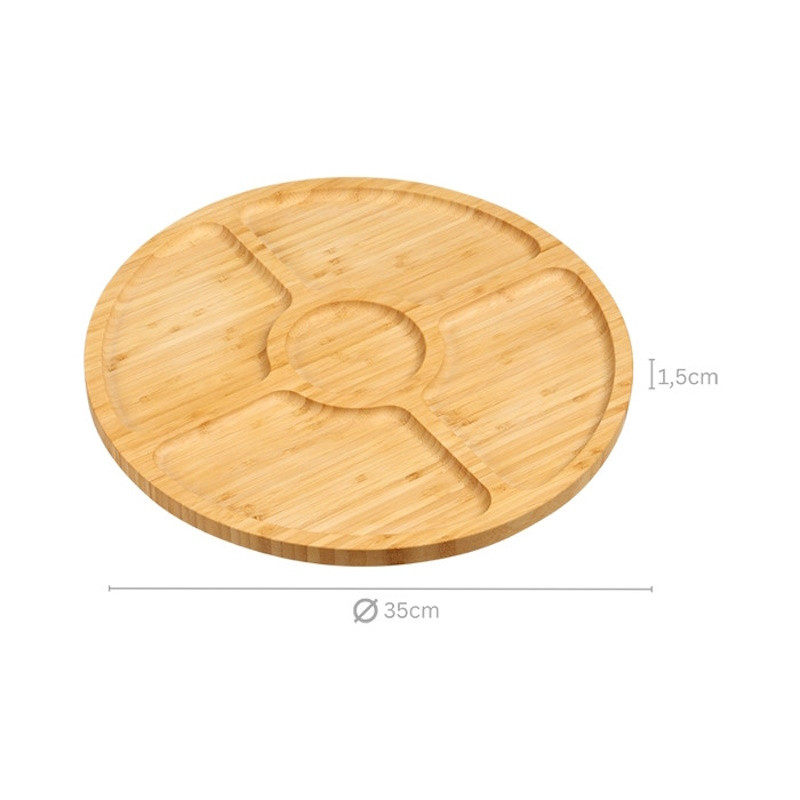 Tava rotunda de servire Kesper 58447, 35 cm, Bambus, 5 compartimente, Maro