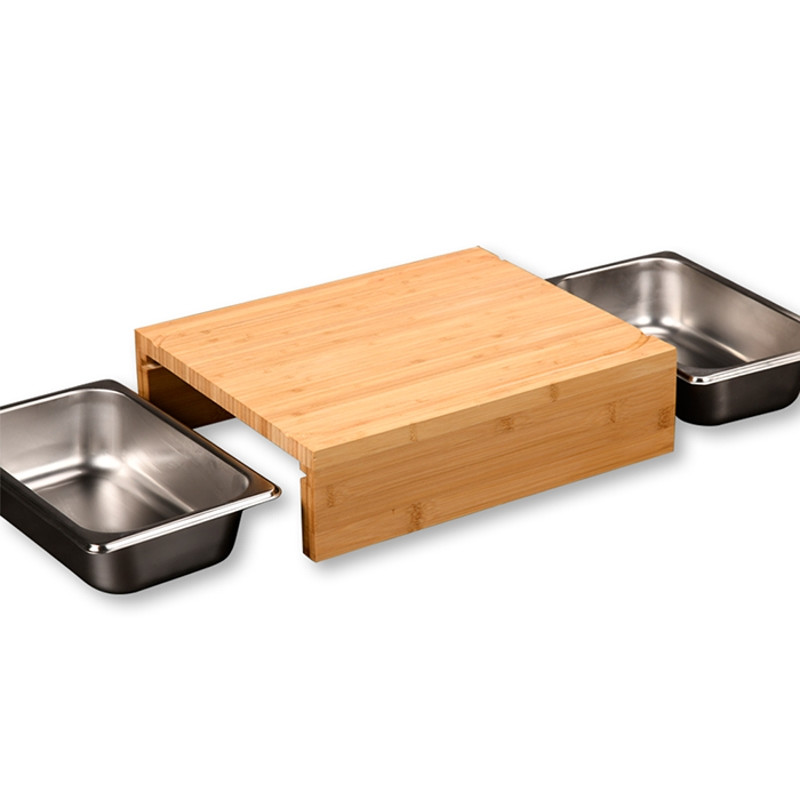Set de tocator cu 2 tavi de colectare Kesper 58355, 35 cm, Bambus, Otel inoxidabil, Maro