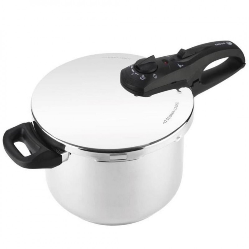 Oală sub presiune Fagor Duo 4L, 22 cm, 60/100 kPa, marcaj interior, fund IMPAKSTEEL, 5 sisteme de protecție, compatibilă cu plitele cu inducție, argintie