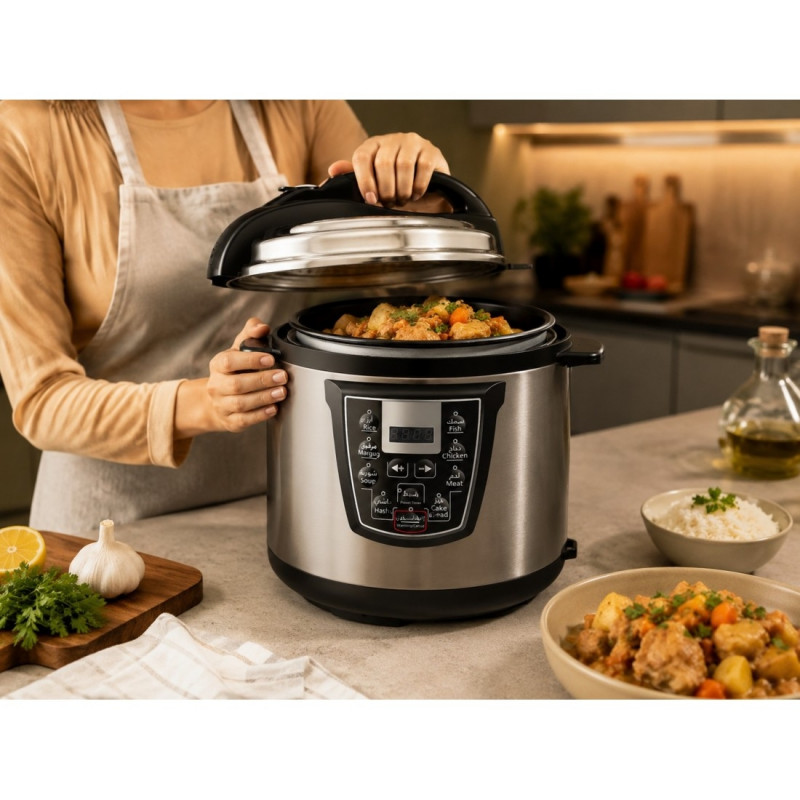 Multicooker sub presiune Oliver Voltz OV51985K6, 1000 W, 6 L, 90 kPa, Afisaj LED, 8 programe, Inox