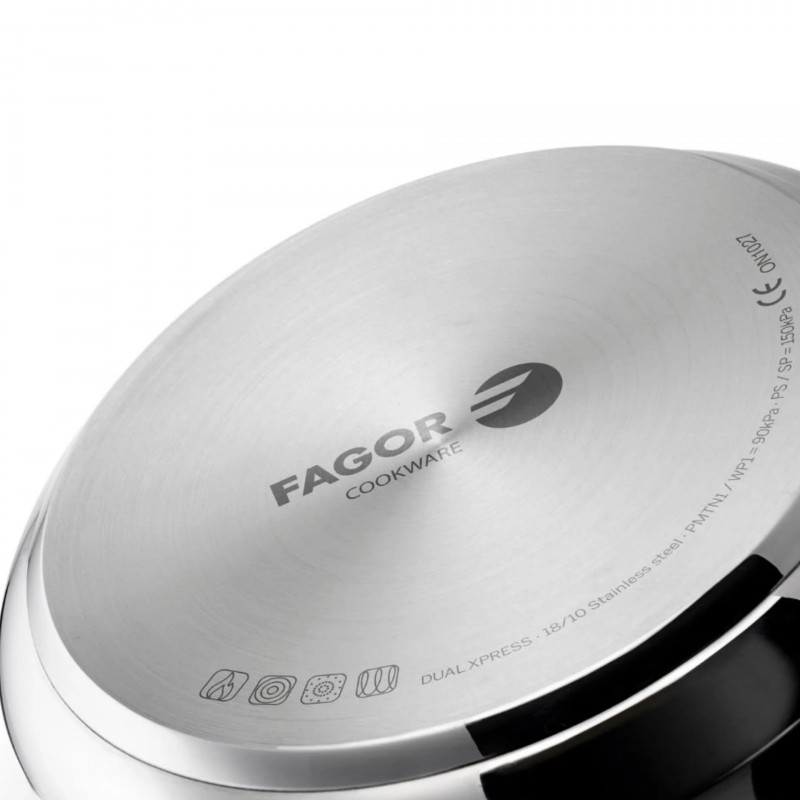 Oală sub presiune Fagor Dual Xpress 6L, 30-90 kPa, 22 cm, 5 sisteme de protecție, fund cu 3 straturi, oțel inoxidabil 18/10, compatibilă cu plite cu inducție, argintiu