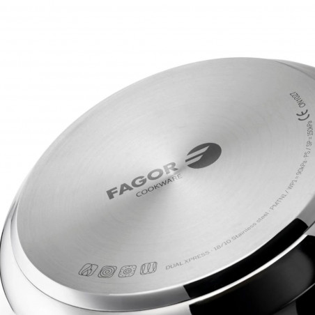 Oală sub presiune Fagor Dual Xpress 6L, 30-90 kPa, 22 cm, 5 sisteme de protecție, fund cu 3 straturi, oțel inoxidabil 18/10, compatibilă cu plite cu inducție, argintiu