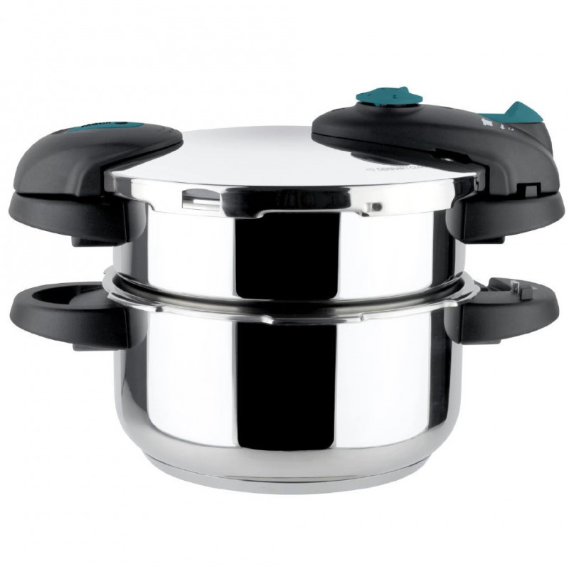 Oala sub presiune Fagor Future Step, 4+6 l, 60-100 kPa, 22 cm, 5 sisteme de protectie, fund IMPAKSTEEL, inductie, argintiu