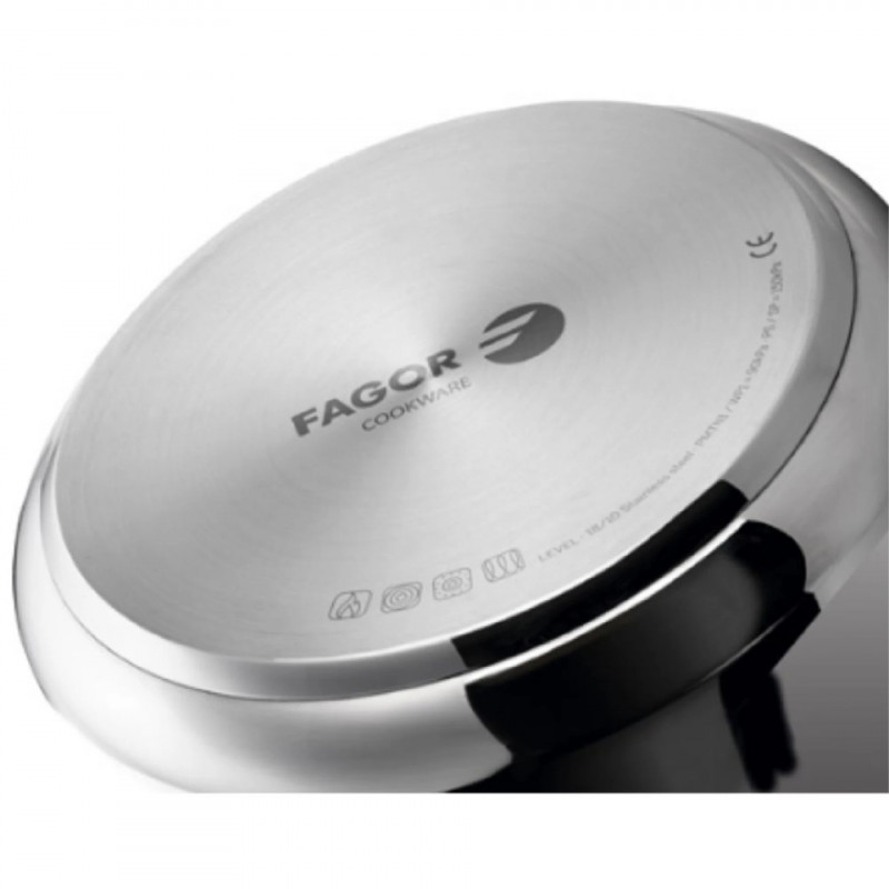 Oală sub presiune Fagor Level, 6 l, 90 kPa, 22 cm, 5 sisteme de protecție, fund cu 3 straturi, compatibilă cu plitele cu inducție, argintie
