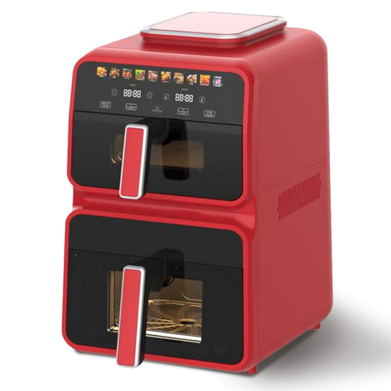 Friteuză cu aer cald NostroLux Noir-Rogue NL51980CD, 3000 W, 4,5 + 6,5 l, 12 programe, până la 200 °C, 2 zone independente, deshidratare, sincronizare, ecran tactil, cronometru, roșu/negru