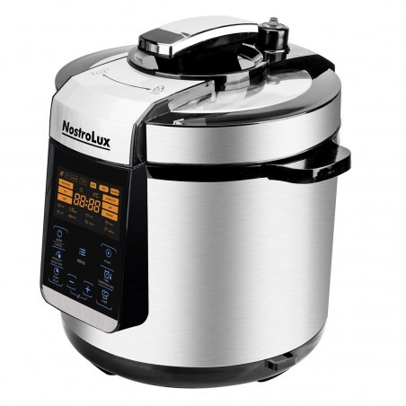 Oală sub presiune multifuncțională NostroLux NL51985H6, 1000 W, 6 l, 70 kPa, cronometru de 24 ore, 15 programe, afișaj LED mare, comandă tactilă, oțel inoxidabil