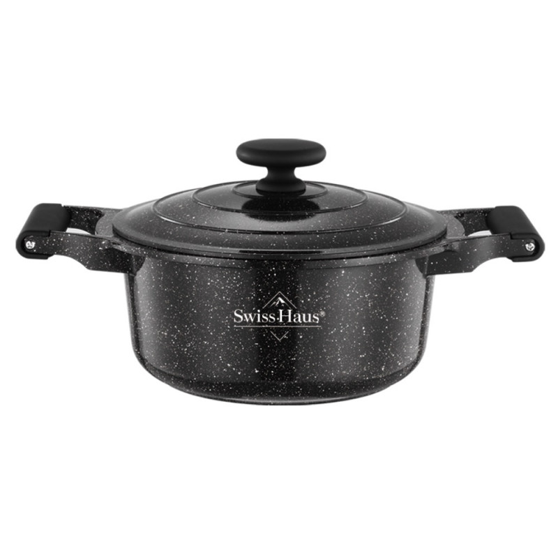 Oală Swiss Haus SH-MC24B, 4,3 l, 24 cm, acoperire ceramică Sapphire, cuptor până la 220 °C, plită cu inducție, negru