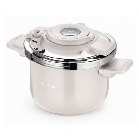 Oală sub presiune Swiss Haus SH-PC6LCR, 6 l, 22 cm, structură cu trei straturi, indicator de nivel al apei, acoperire ceramică Sapphire, compatibilă cu plitele cu inducție, culoare crem